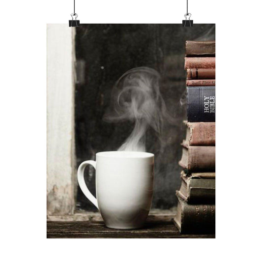Quiet Devotion – Coffee & Scripture Satin Print (11" x 14")